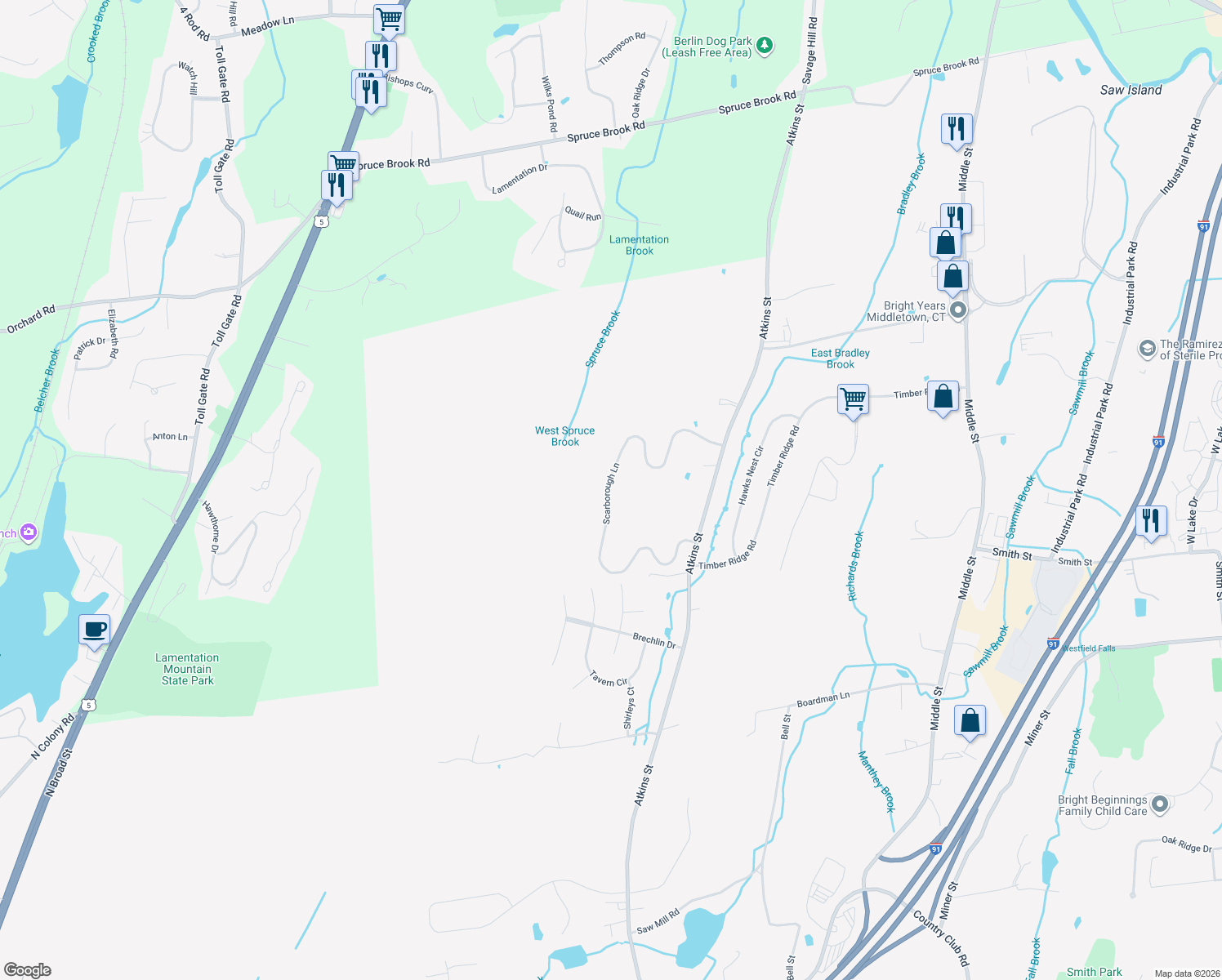 map of restaurants, bars, coffee shops, grocery stores, and more near 270 Scarborough Lane in Middletown