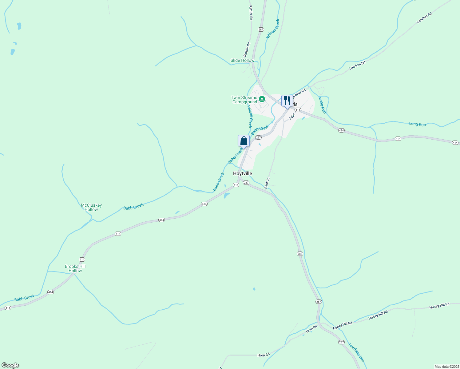 map of restaurants, bars, coffee shops, grocery stores, and more near 3319 Pennsylvania 414 in Morris