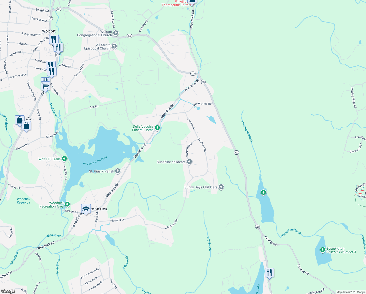 map of restaurants, bars, coffee shops, grocery stores, and more near 3 Bergen Lane in Wolcott