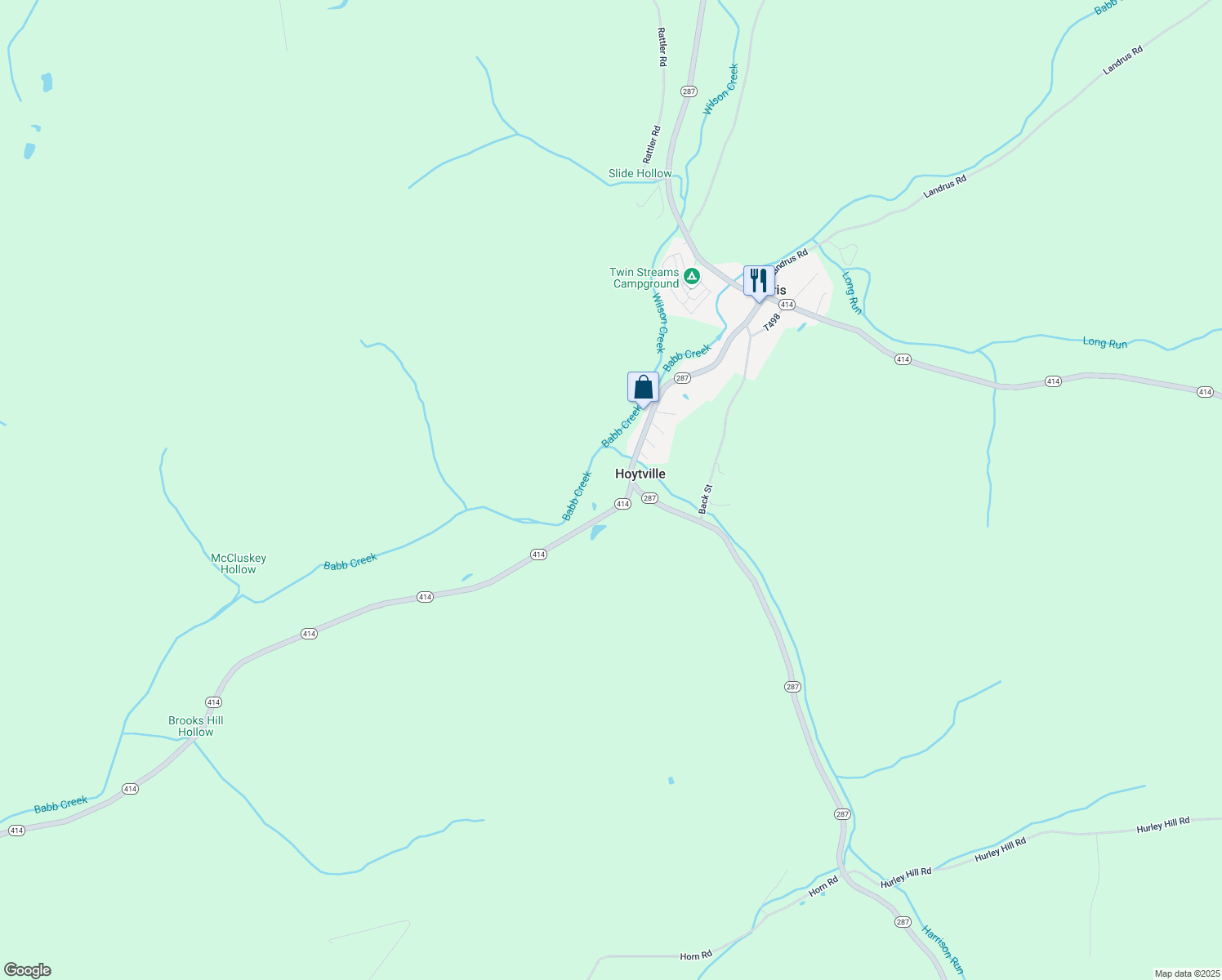 map of restaurants, bars, coffee shops, grocery stores, and more near 3319 Pennsylvania 414 in Morris