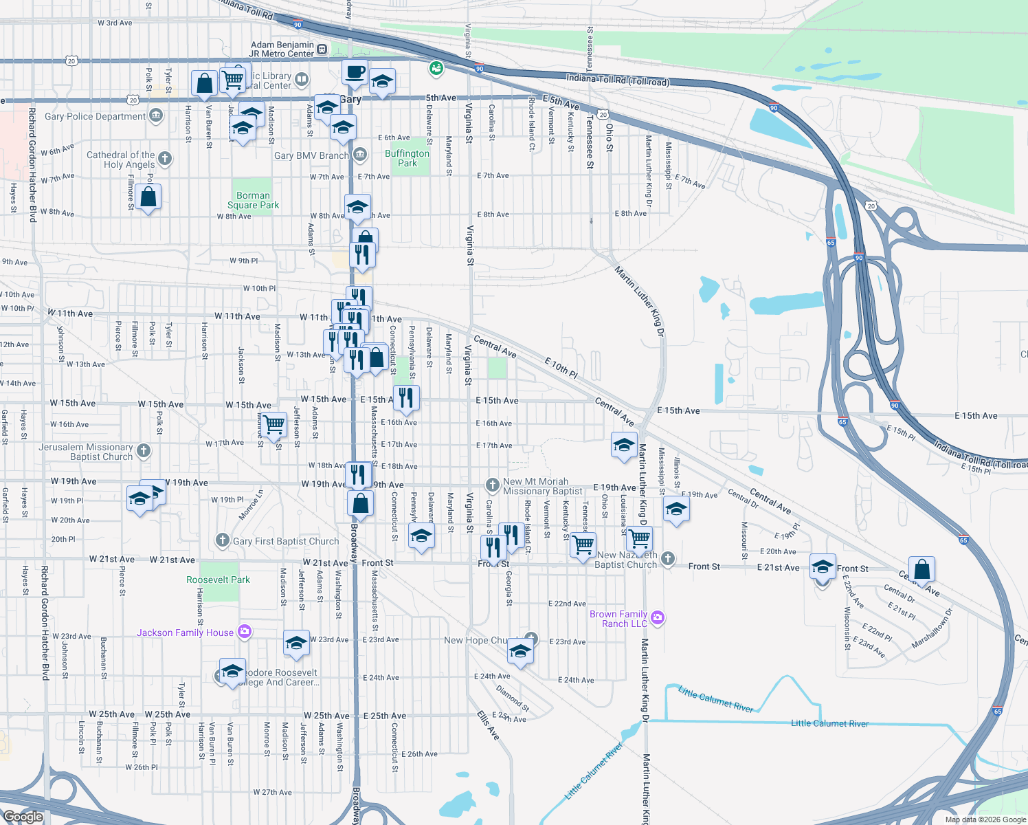 map of restaurants, bars, coffee shops, grocery stores, and more near 1529 Georgia Street in Gary