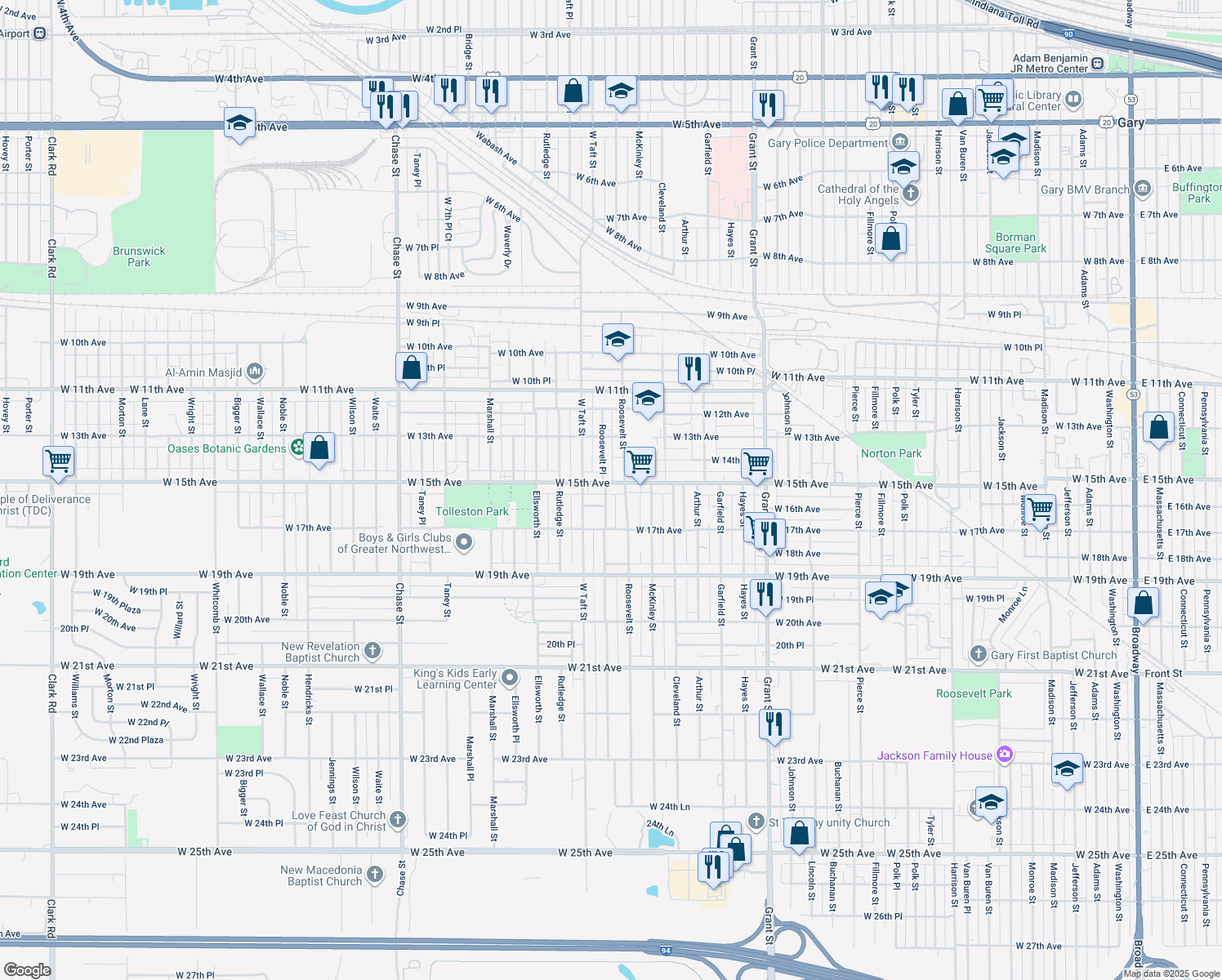map of restaurants, bars, coffee shops, grocery stores, and more near 2217 West 15th Avenue in Gary