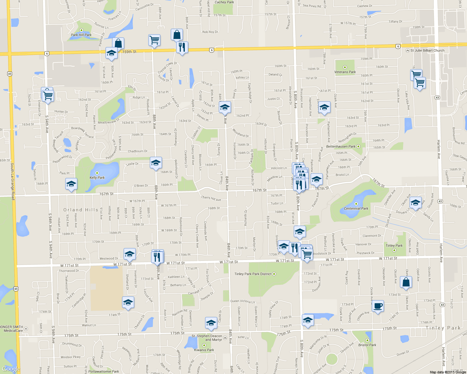 map of restaurants, bars, coffee shops, grocery stores, and more near 16648 Cynthia Court in Tinley Park