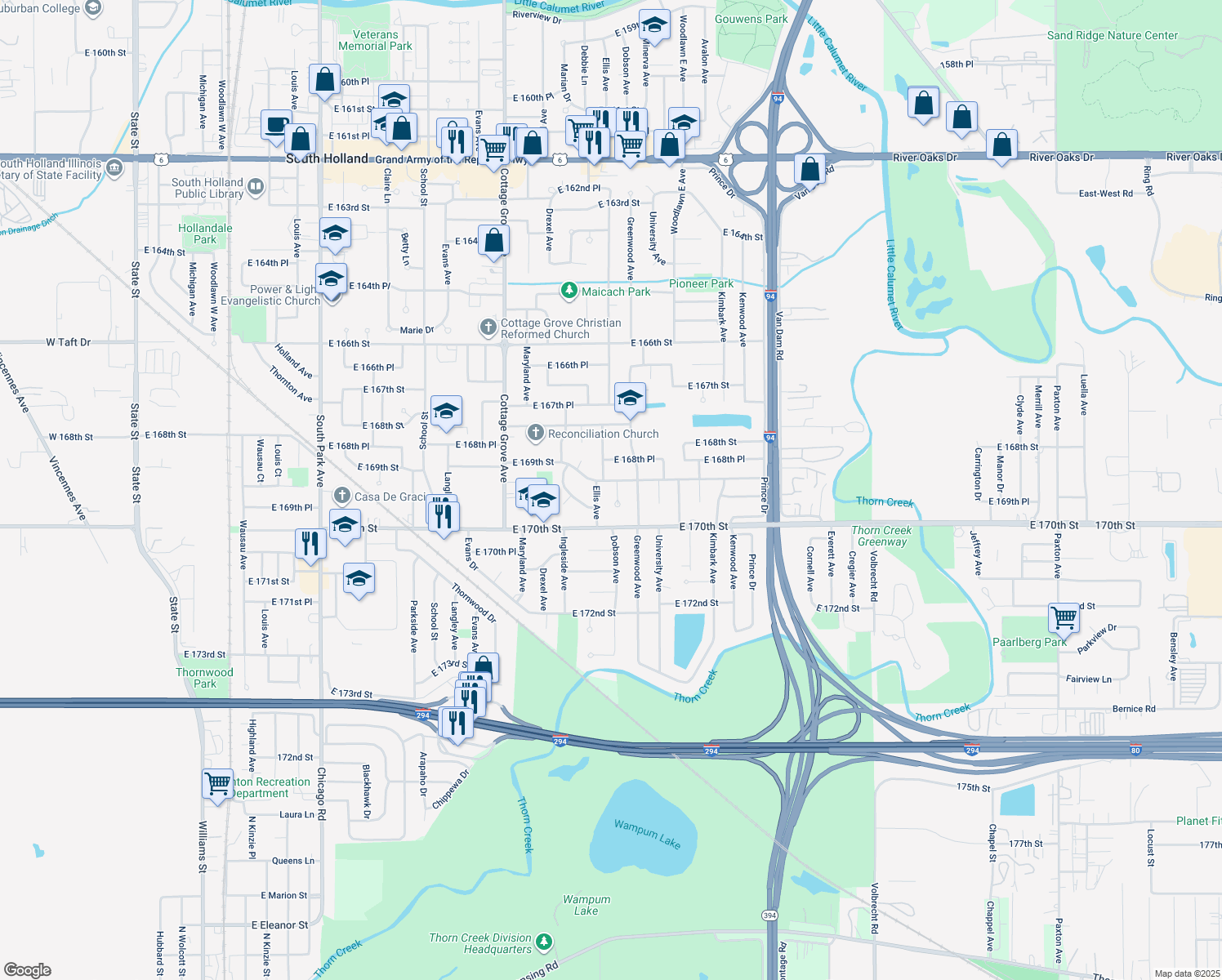 map of restaurants, bars, coffee shops, grocery stores, and more near 16906 Dobson Ct in South Holland