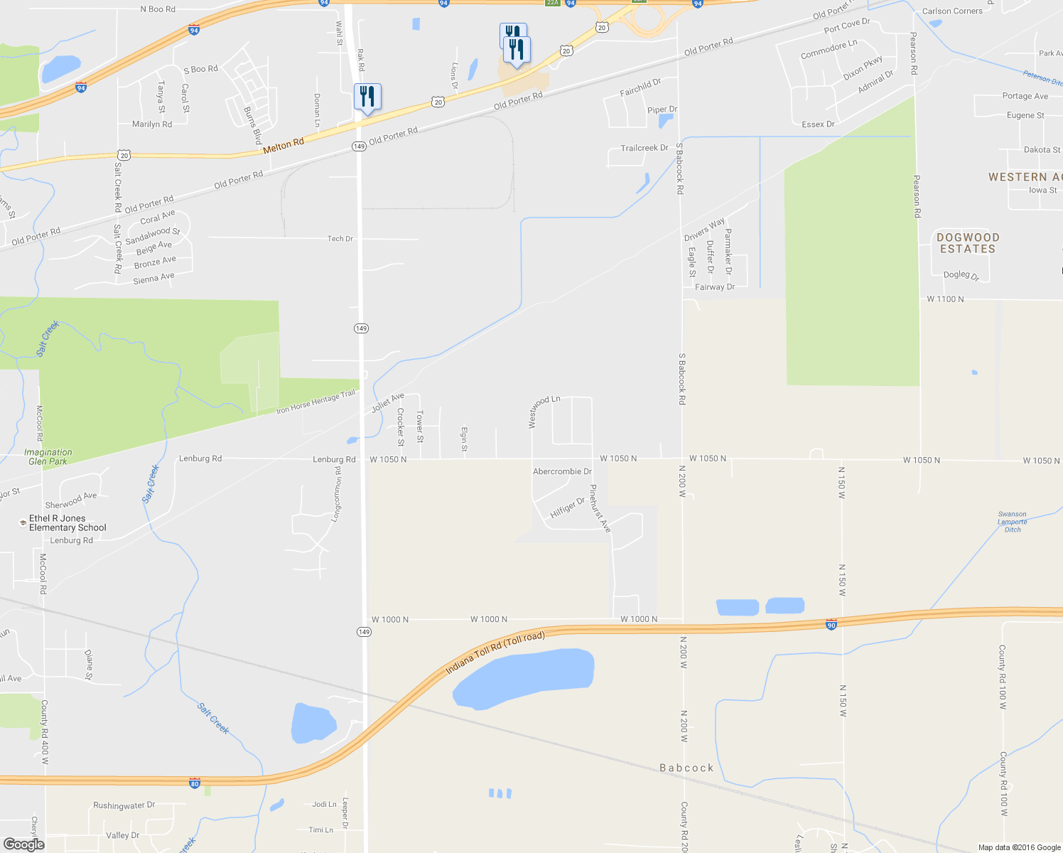 map of restaurants, bars, coffee shops, grocery stores, and more near Westwood Lane in Chesterton