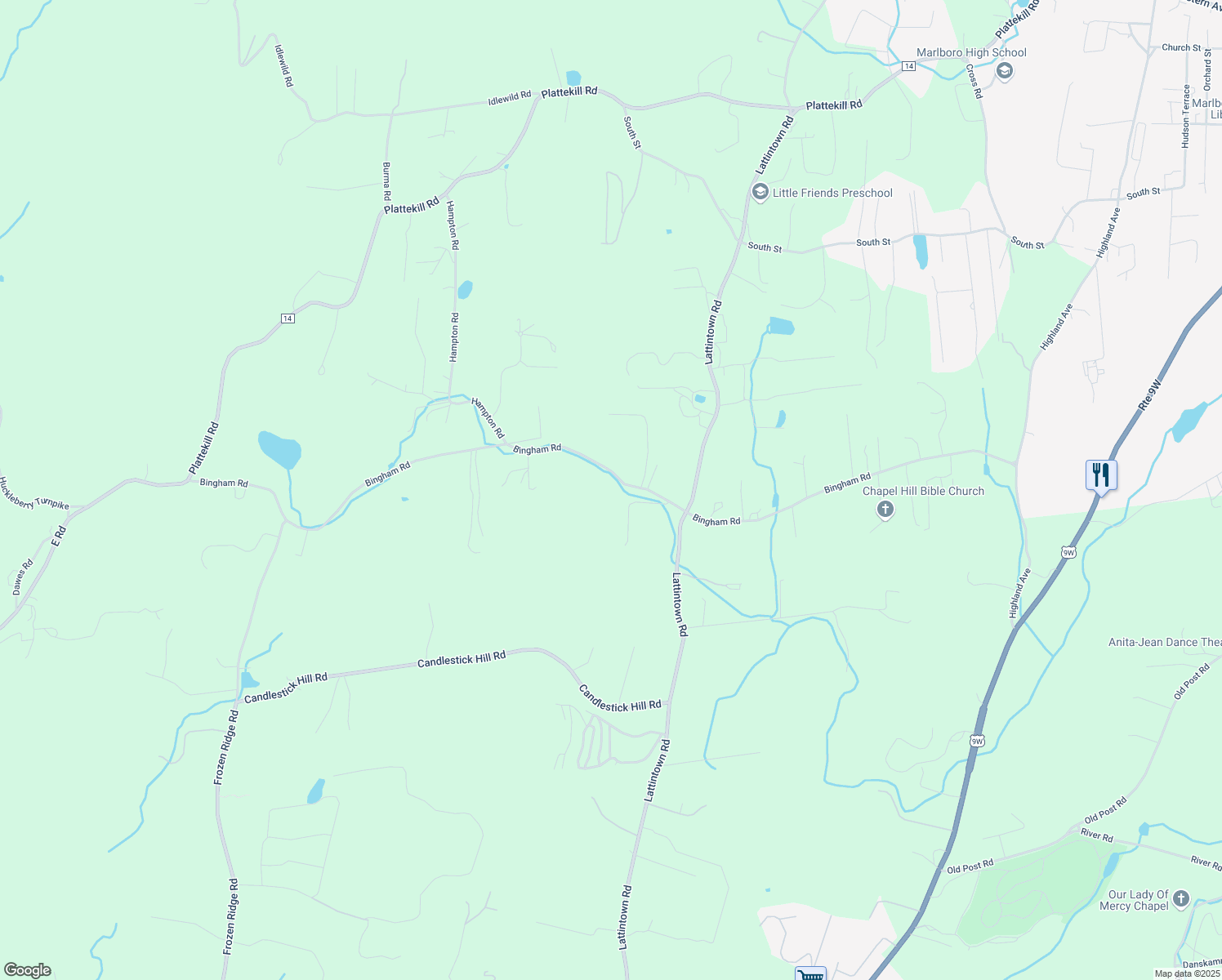 map of restaurants, bars, coffee shops, grocery stores, and more near 251 Bingham Road in Marlboro