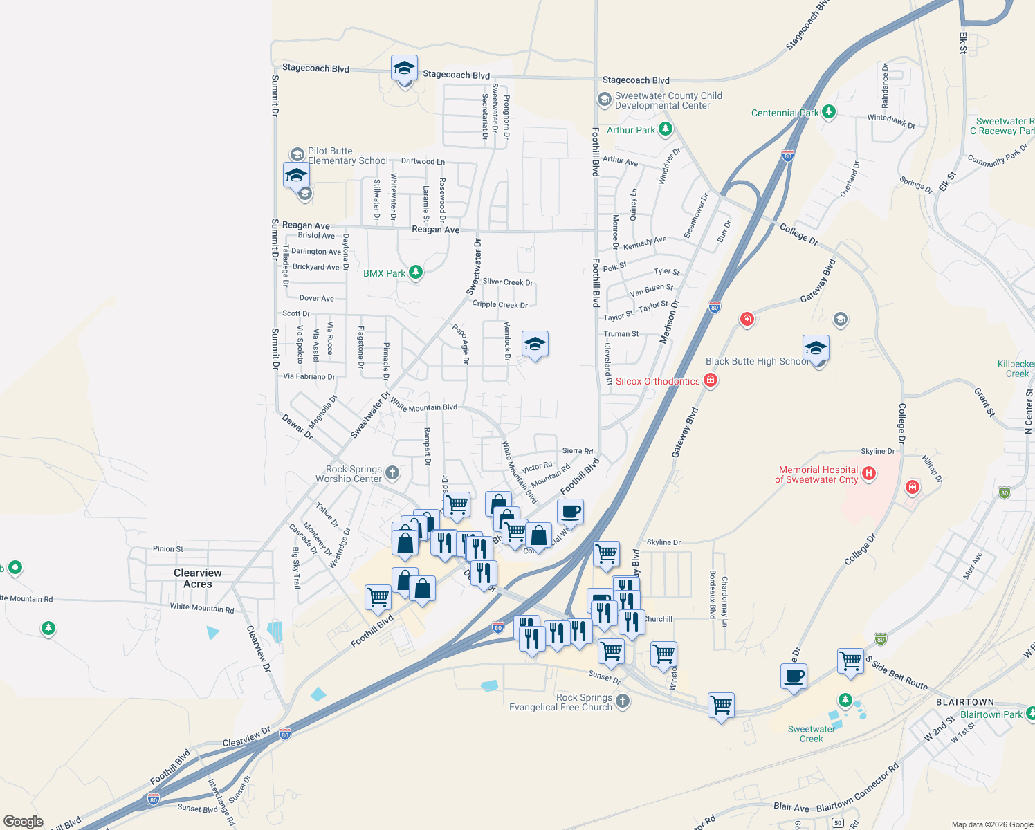 map of restaurants, bars, coffee shops, grocery stores, and more near 924 Divide St in Rock Springs