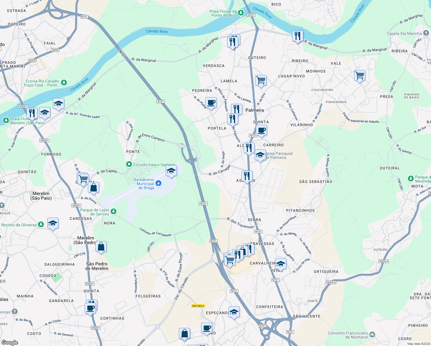 map of restaurants, bars, coffee shops, grocery stores, and more near Rua do Carregal in Palmeira