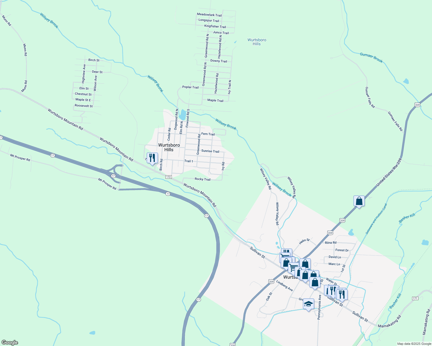 map of restaurants, bars, coffee shops, grocery stores, and more near 14 Hilltop Road in Wurtsboro