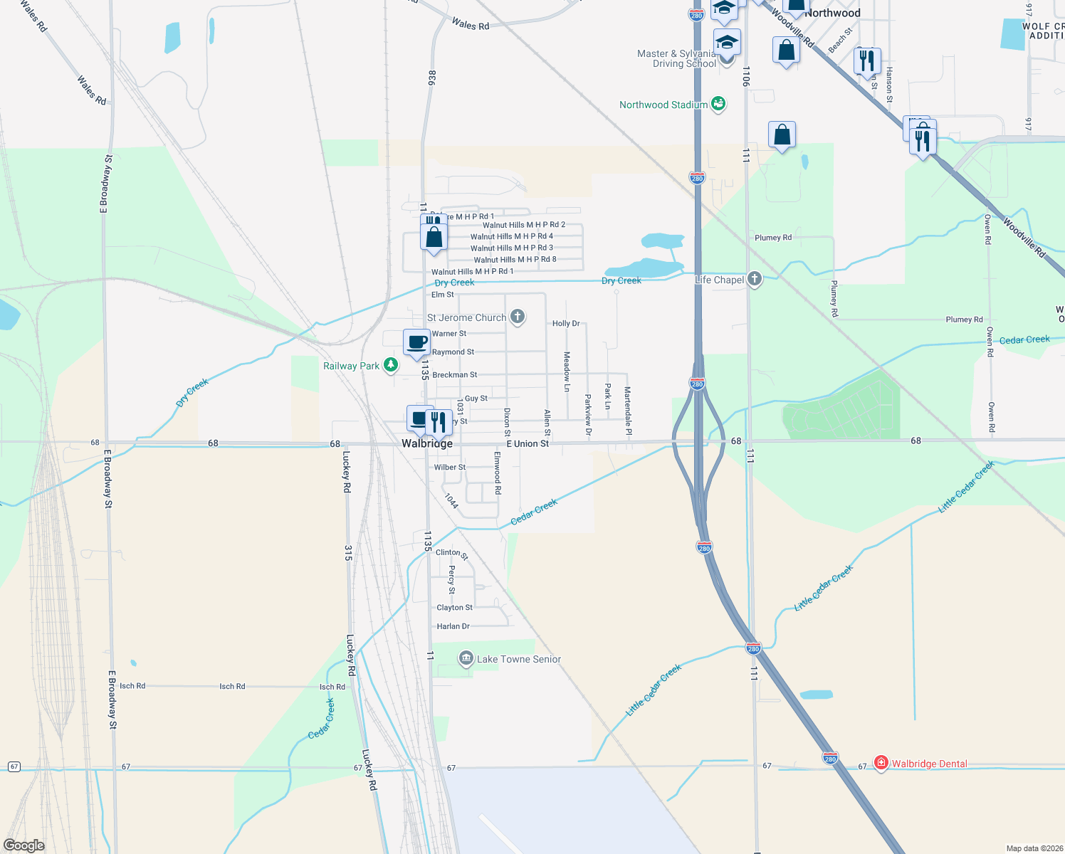 map of restaurants, bars, coffee shops, grocery stores, and more near 314 East Perry Street in Walbridge