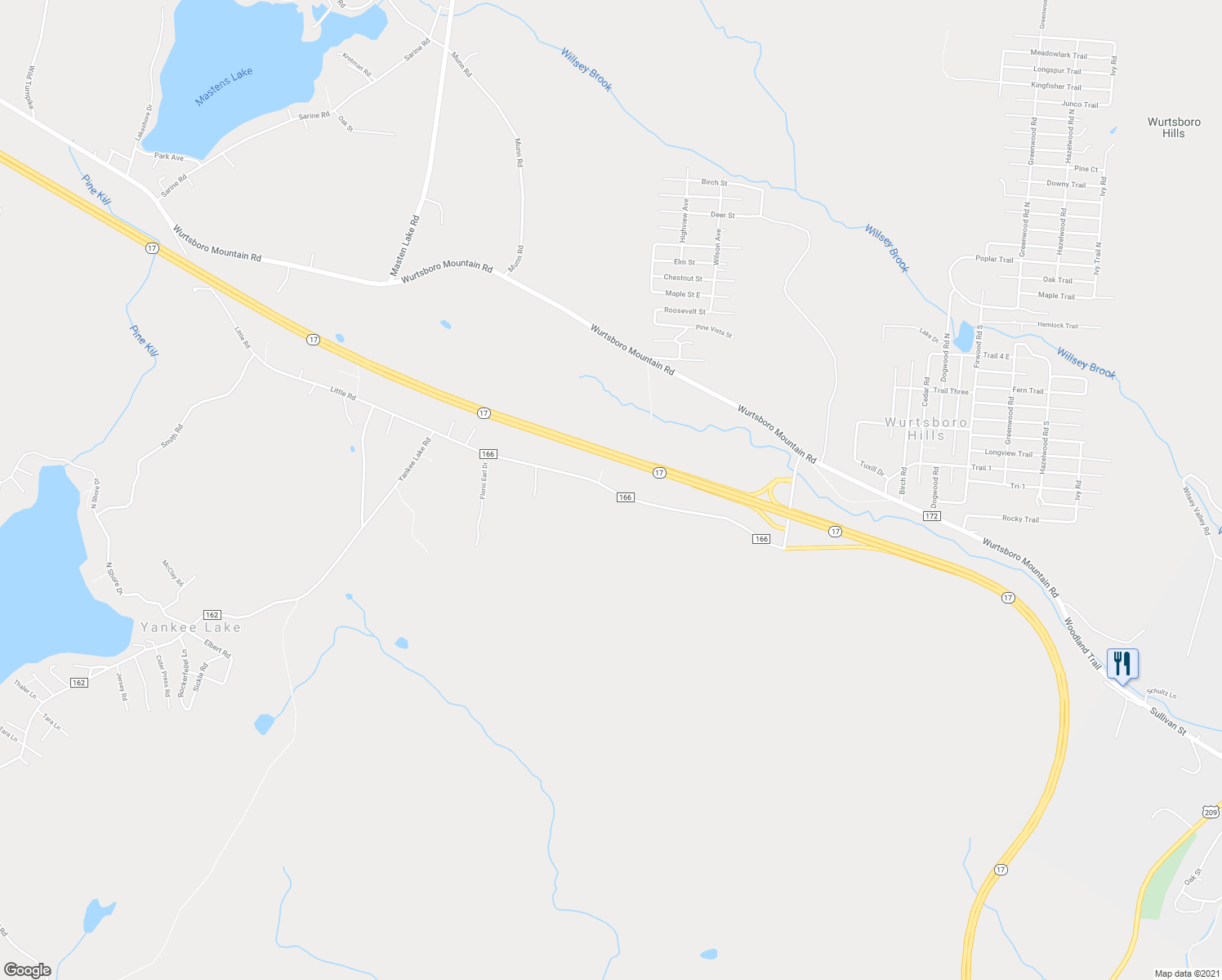 map of restaurants, bars, coffee shops, grocery stores, and more near County Road 166 in Sullivan County