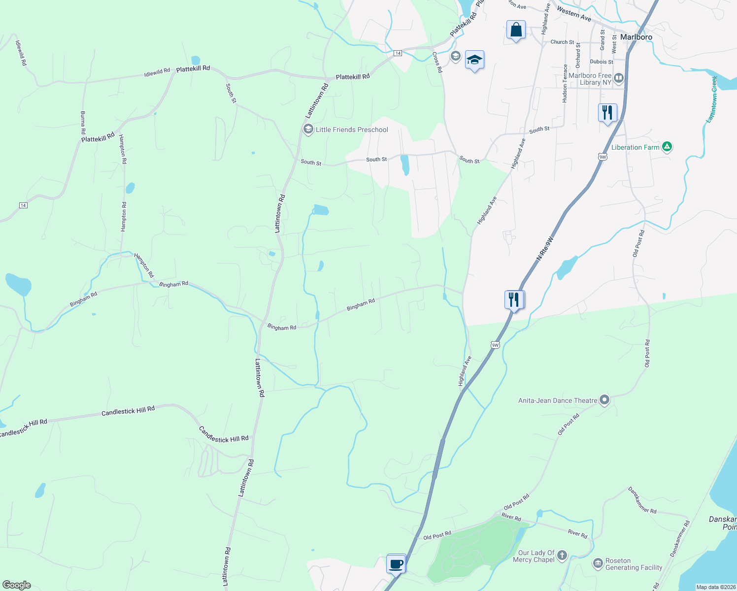 map of restaurants, bars, coffee shops, grocery stores, and more near 54 Bingham Rd in Marlboro