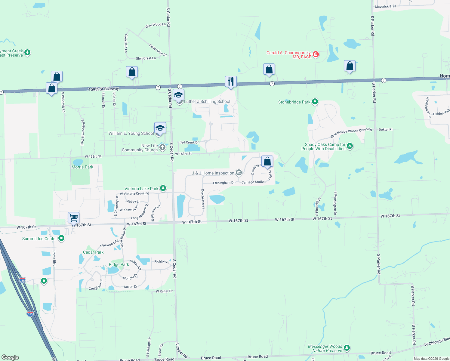 map of restaurants, bars, coffee shops, grocery stores, and more near 14460 Etchingham Drive in Lockport