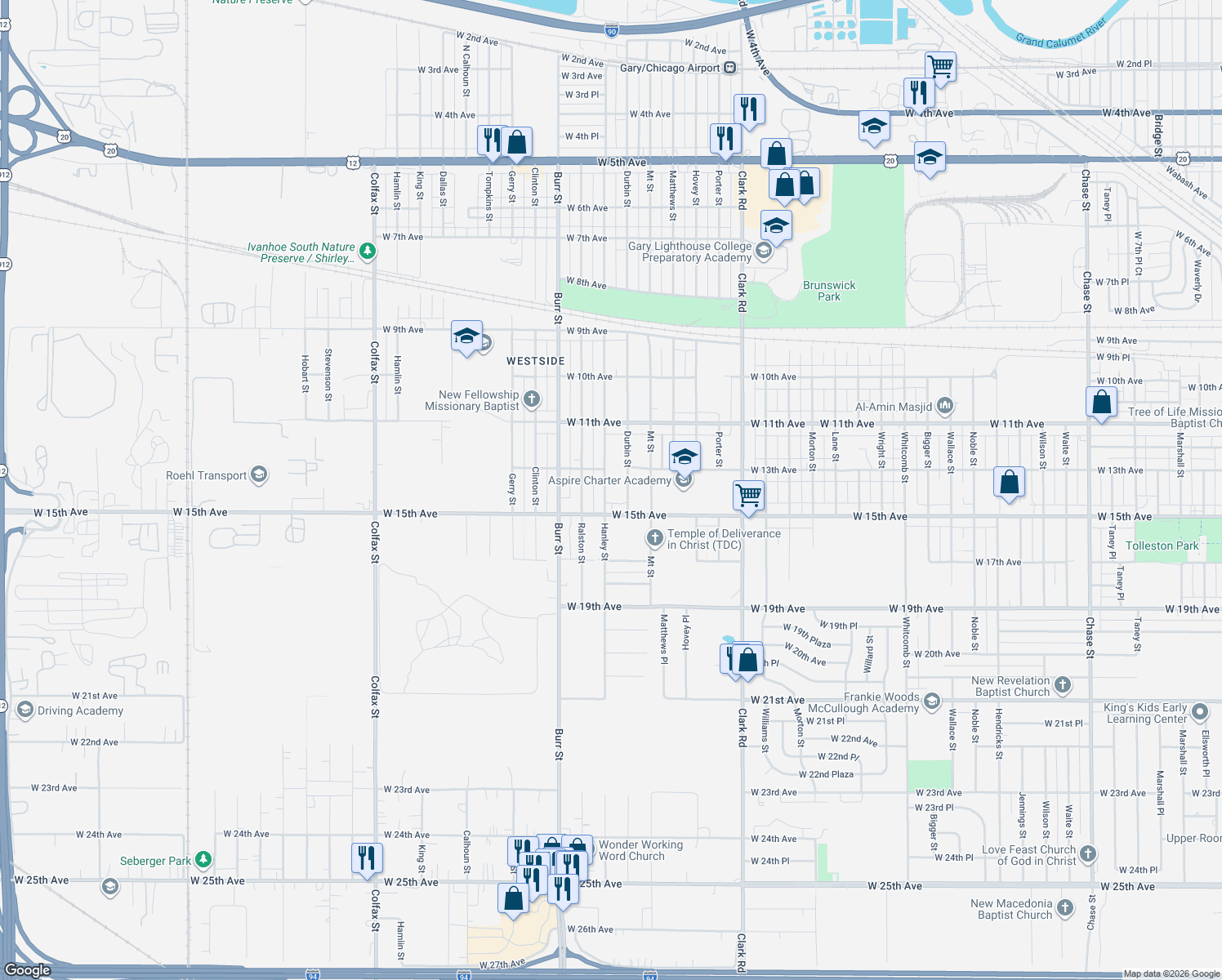 map of restaurants, bars, coffee shops, grocery stores, and more near 1333 Hanley Street in Gary