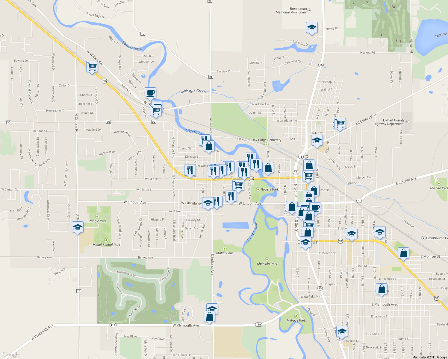 map of restaurants, bars, coffee shops, grocery stores, and more near 299 Huron St in Goshen