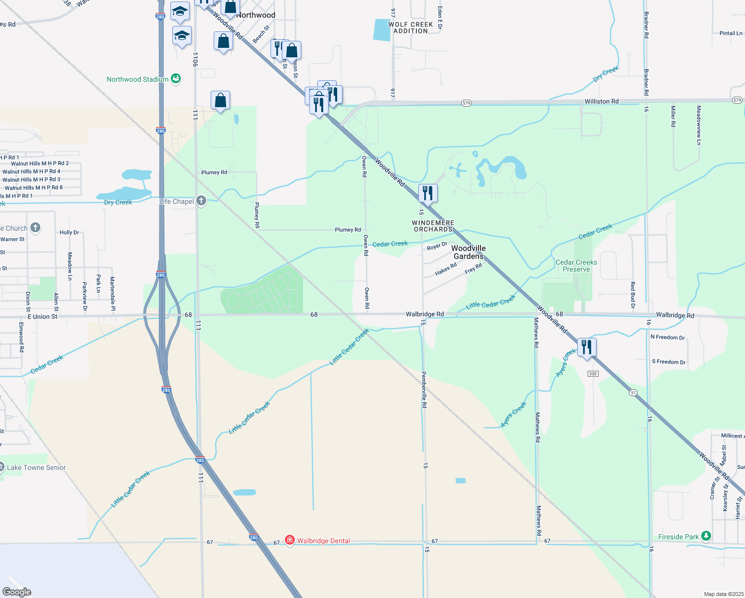 map of restaurants, bars, coffee shops, grocery stores, and more near 1609 Owen Road in Northwood