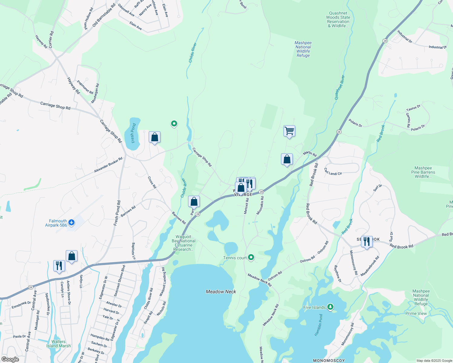 map of restaurants, bars, coffee shops, grocery stores, and more near 69 Carriage Shop Road in Falmouth