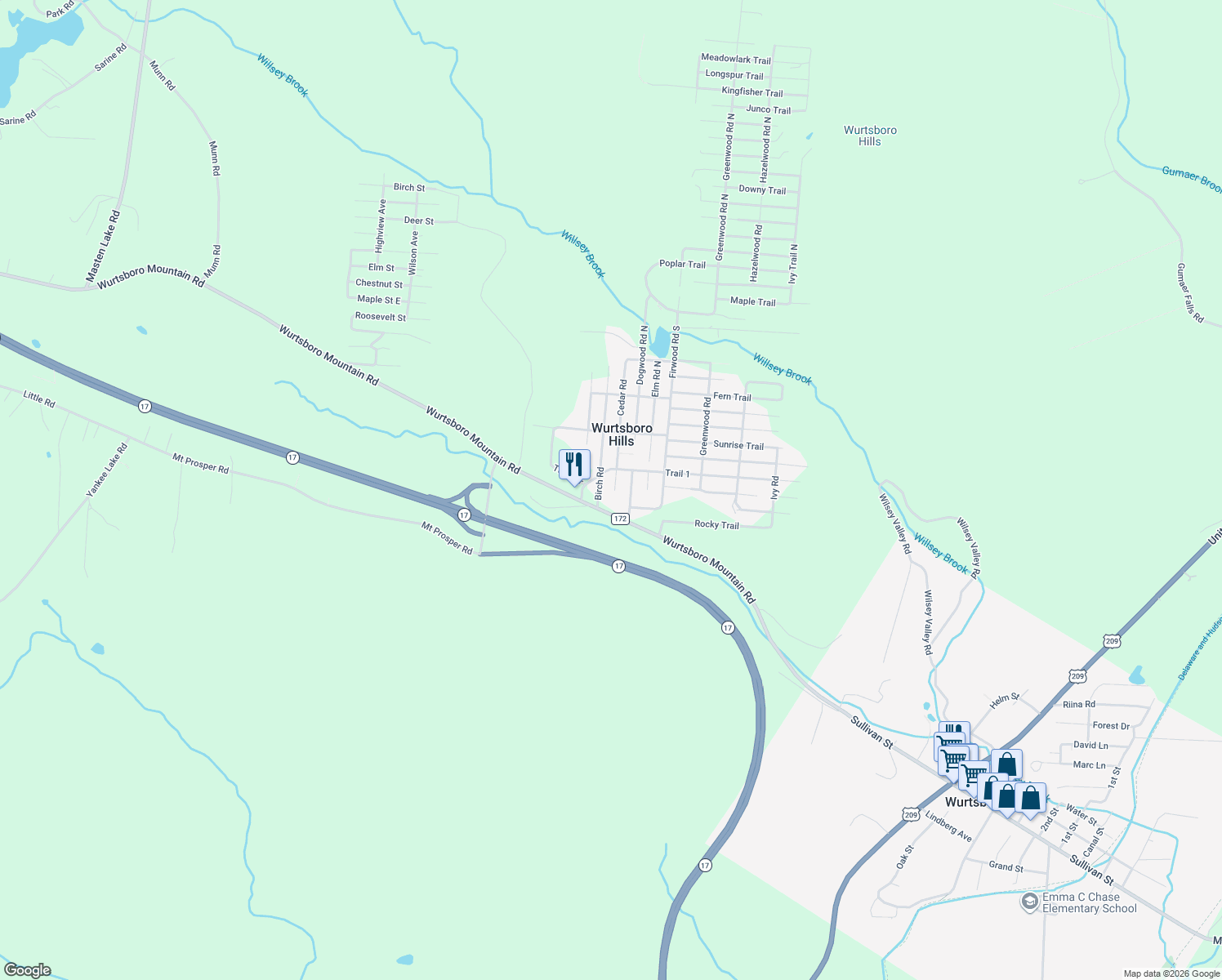 map of restaurants, bars, coffee shops, grocery stores, and more near 11 Cedar Road in Wurtsboro