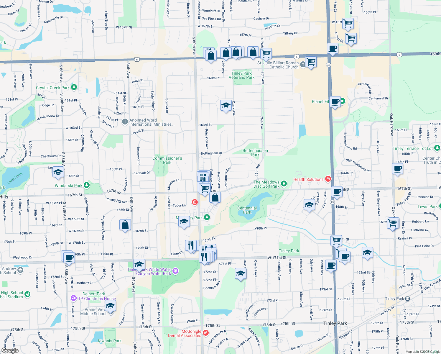 map of restaurants, bars, coffee shops, grocery stores, and more near 16625 Paxton Avenue in Tinley Park