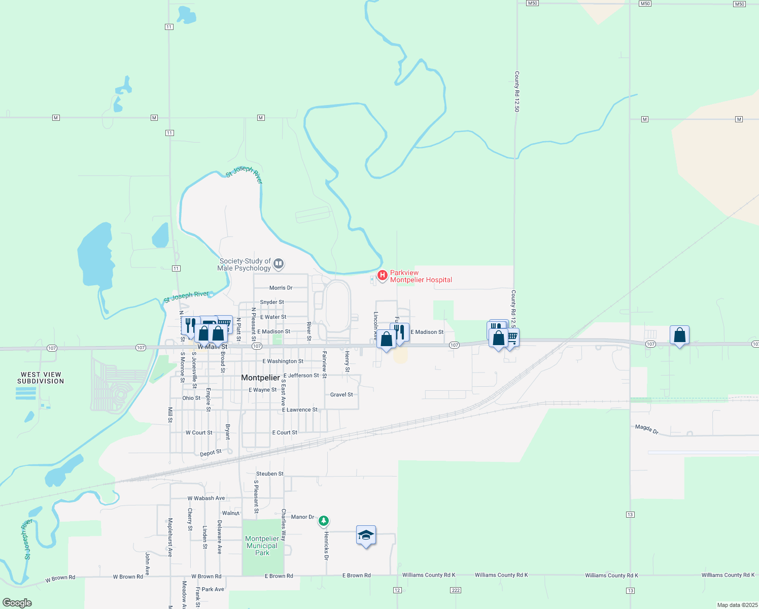 map of restaurants, bars, coffee shops, grocery stores, and more near 904 East Snyder Street in Montpelier