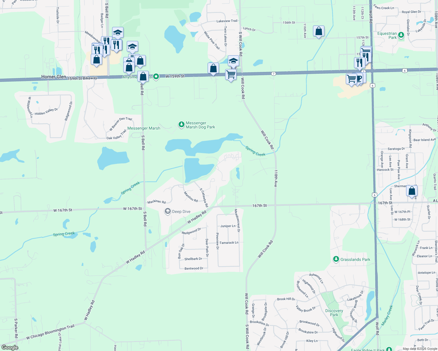 map of restaurants, bars, coffee shops, grocery stores, and more near 16508 Mackinac Court in Lockport