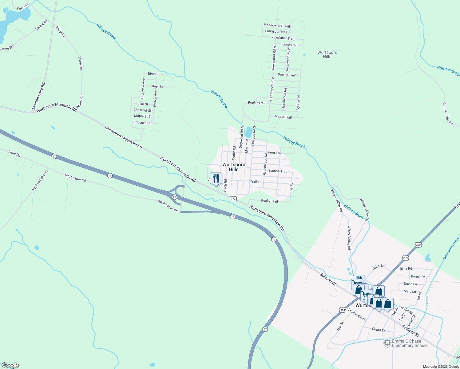 map of restaurants, bars, coffee shops, grocery stores, and more near 11 Cedar Road in Wurtsboro