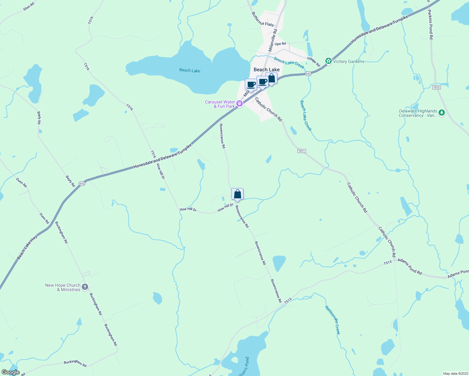 map of restaurants, bars, coffee shops, grocery stores, and more near 182 Rosencranse Road in Honesdale