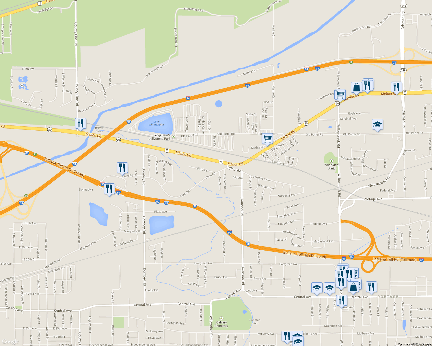 map of restaurants, bars, coffee shops, grocery stores, and more near 5577 Clem Road in Portage