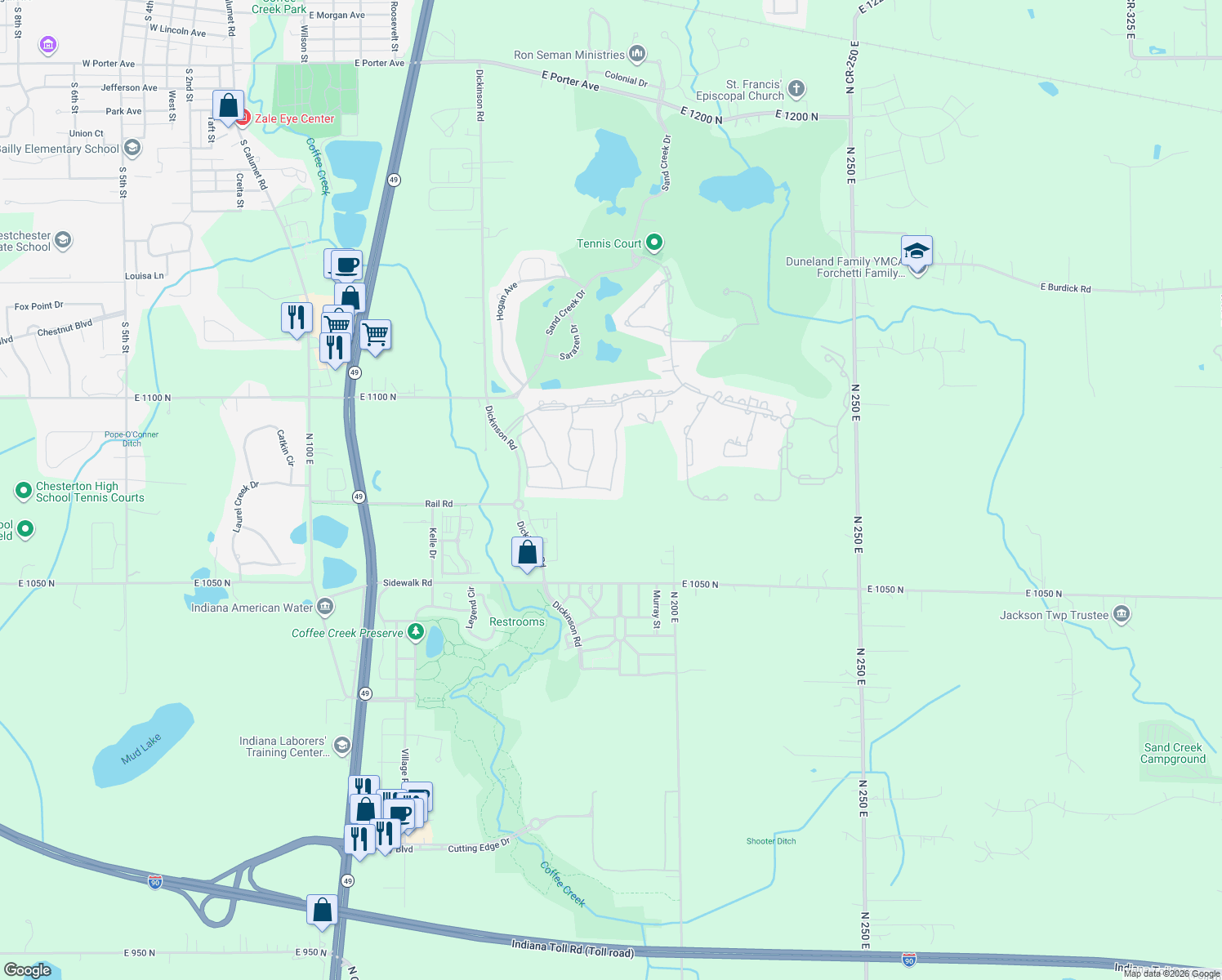 map of restaurants, bars, coffee shops, grocery stores, and more near 1999 Bramble Trce in Chesterton