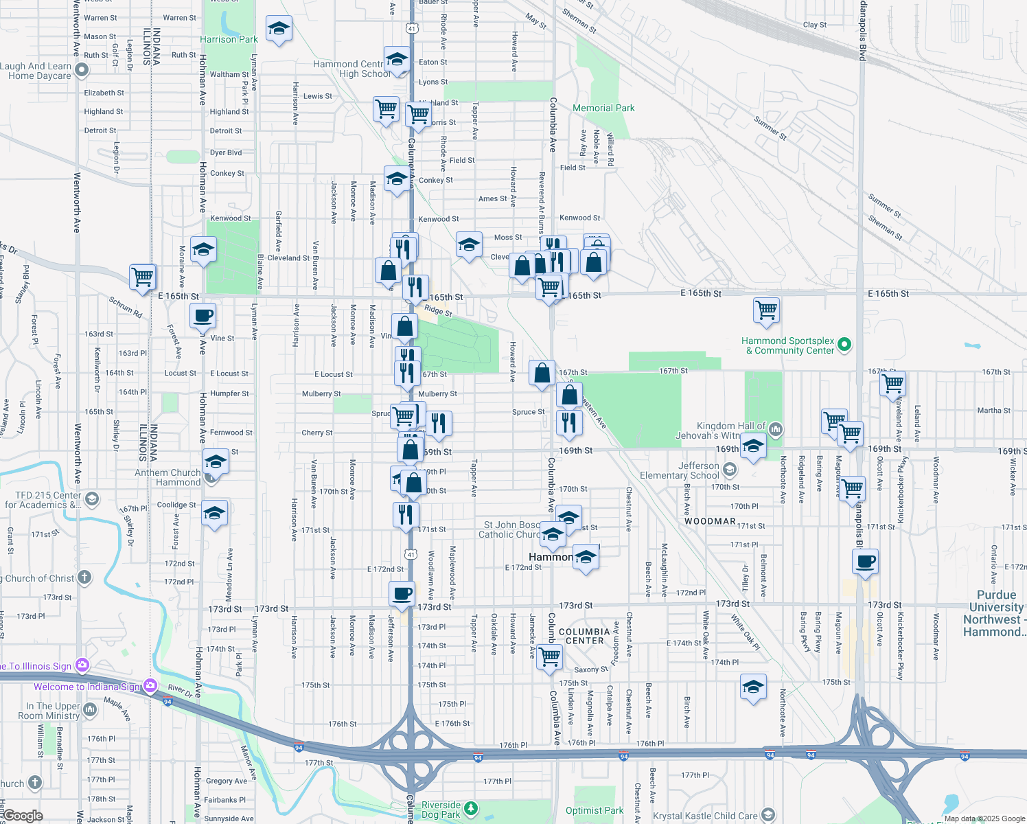 map of restaurants, bars, coffee shops, grocery stores, and more near 6799 Howard Ave in Hammond