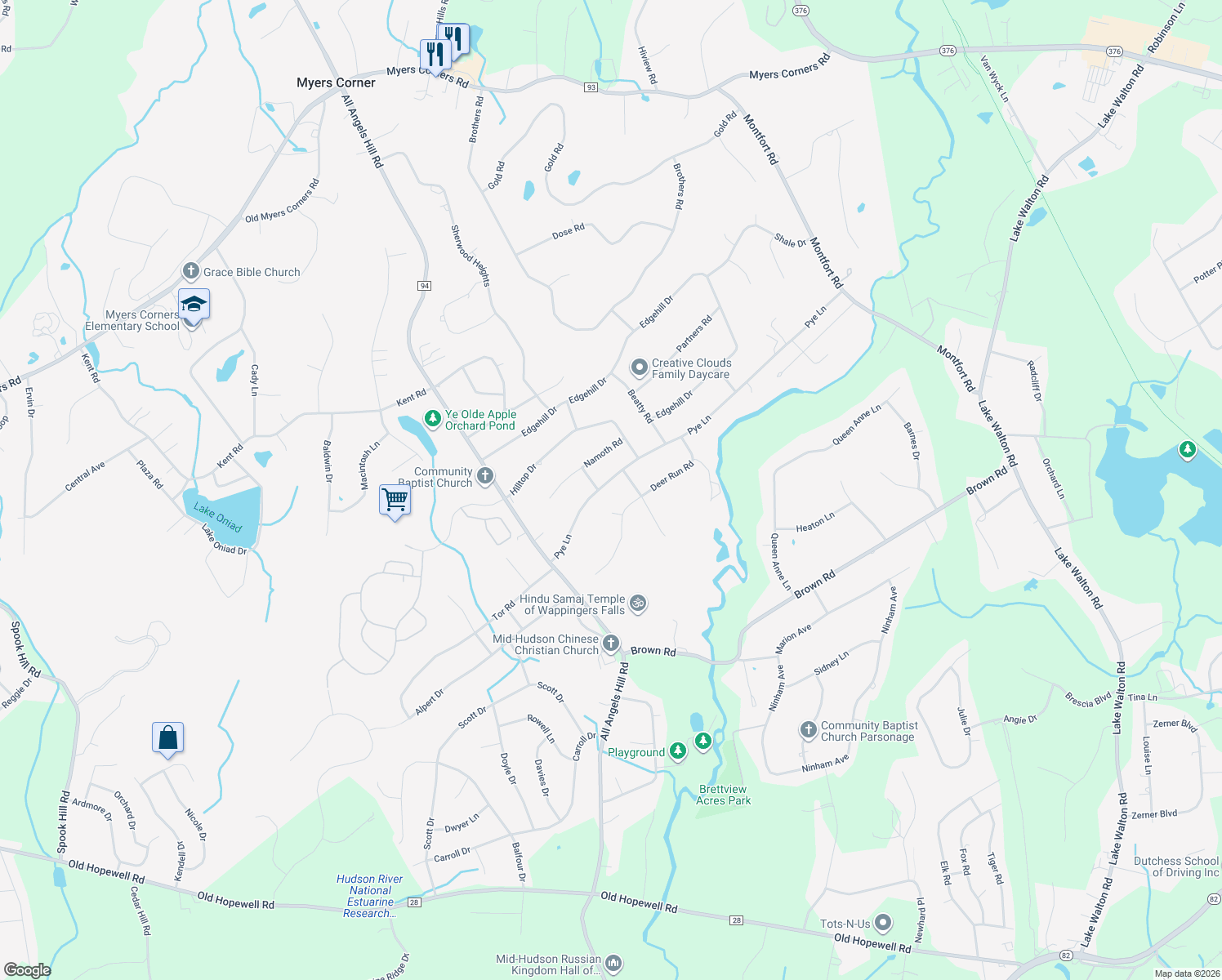 map of restaurants, bars, coffee shops, grocery stores, and more near 30 Pye Lane in Wappingers Falls