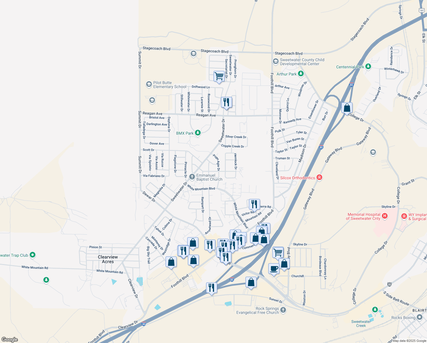 map of restaurants, bars, coffee shops, grocery stores, and more near Cache Valley Drive in Rock Springs