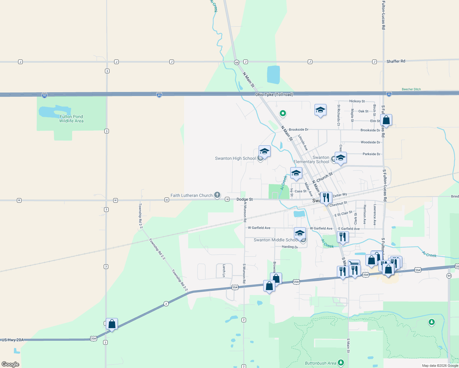 map of restaurants, bars, coffee shops, grocery stores, and more near 107 Peachtree Ln in Swanton