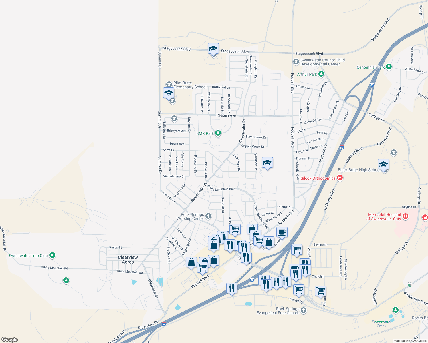 map of restaurants, bars, coffee shops, grocery stores, and more near 3333 Fitzpatrick Dr in Rock Springs