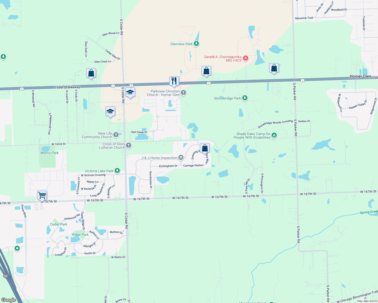 map of restaurants, bars, coffee shops, grocery stores, and more near 14331 Melbourne Place in Lockport