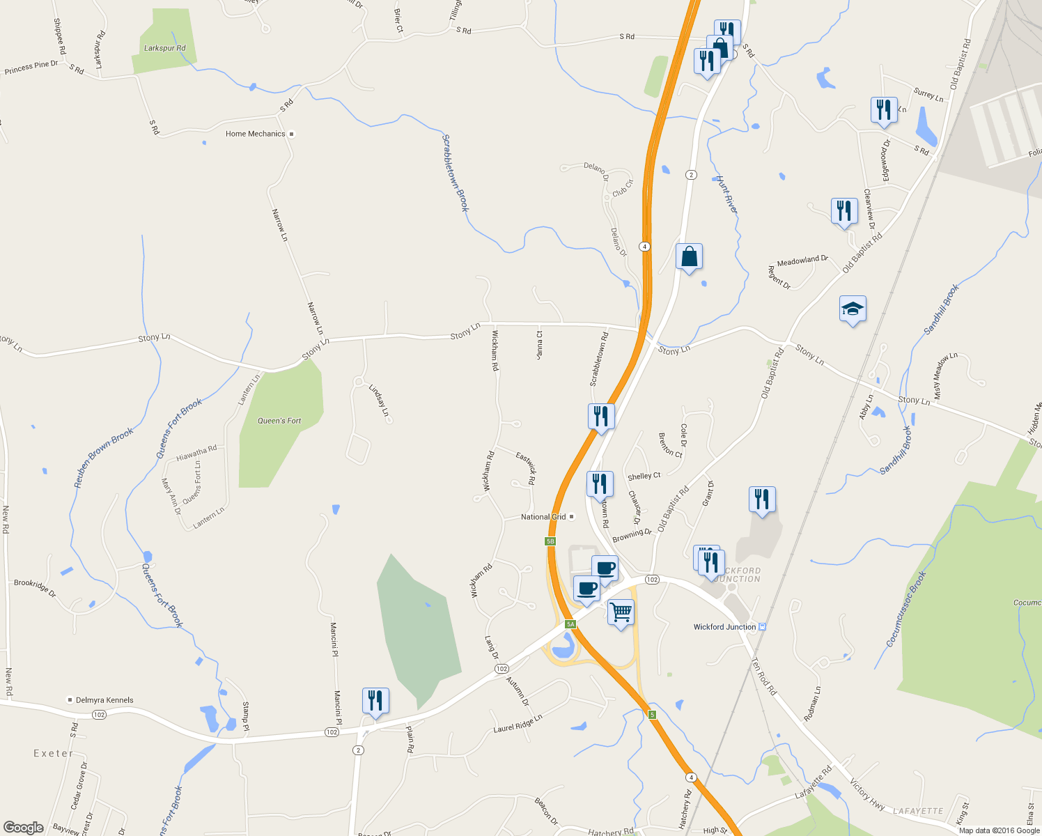 map of restaurants, bars, coffee shops, grocery stores, and more near 28 Queensfort Way in North Kingstown