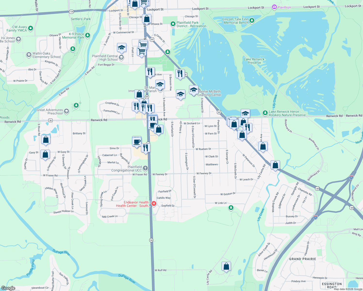 map of restaurants, bars, coffee shops, grocery stores, and more near 16061 South Arbor Drive in Plainfield