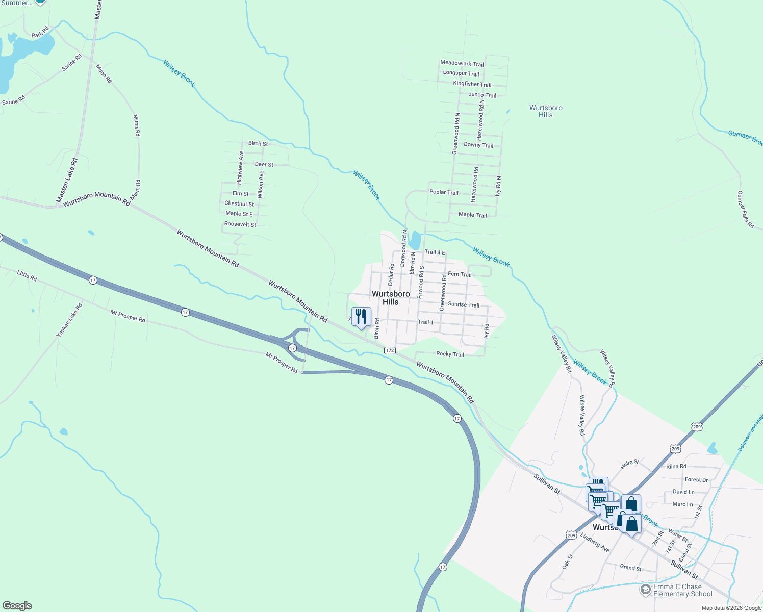 map of restaurants, bars, coffee shops, grocery stores, and more near 32 Birch Road in Wurtsboro