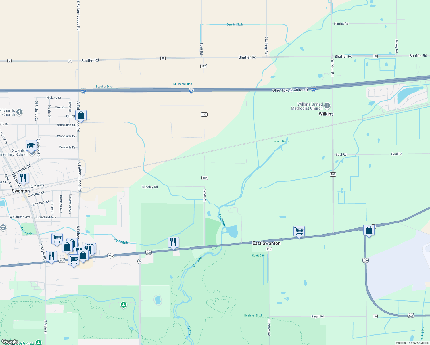 map of restaurants, bars, coffee shops, grocery stores, and more near 2697 Scott Road in Swanton