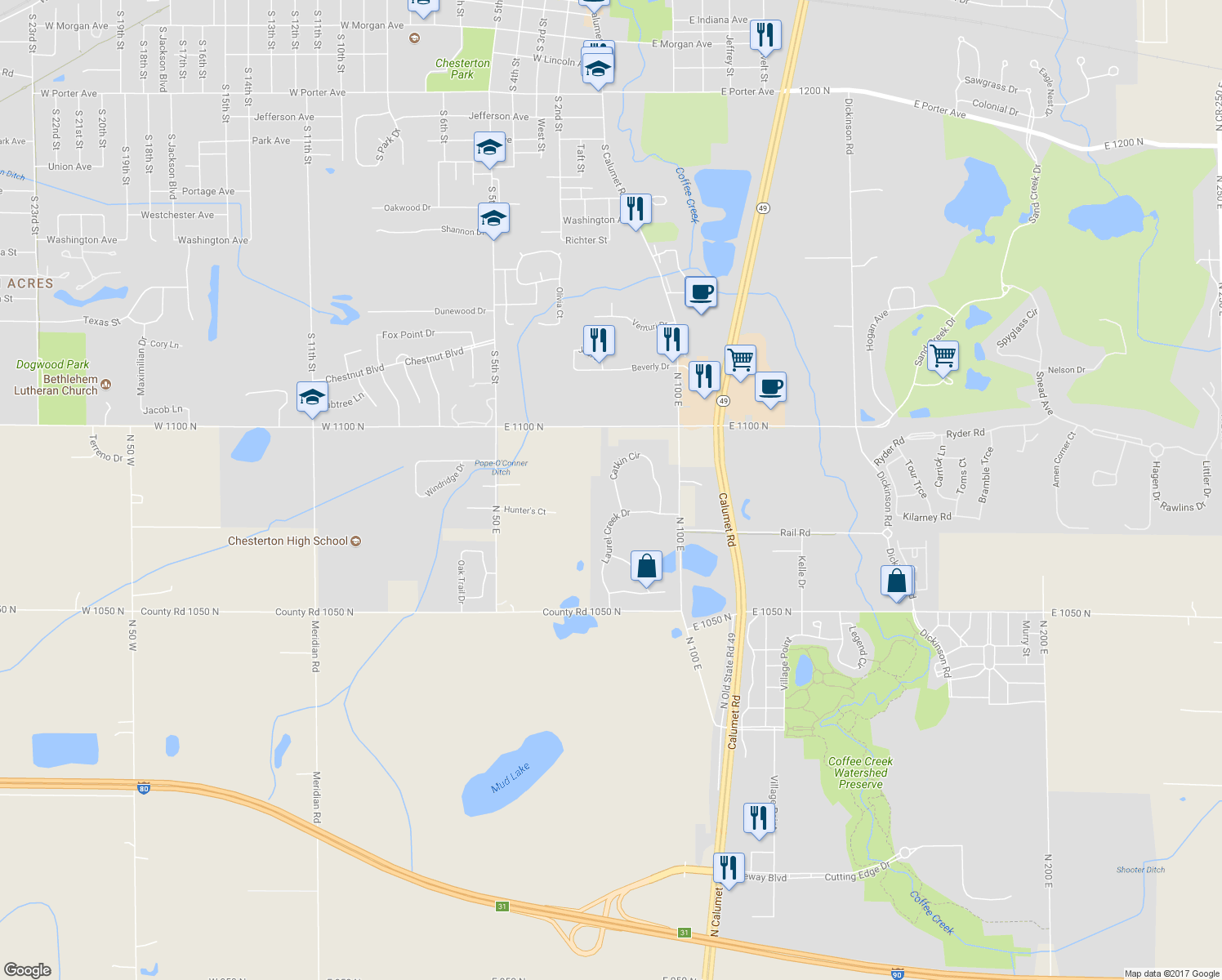 map of restaurants, bars, coffee shops, grocery stores, and more near 1910 Catkin Circle in Chesterton