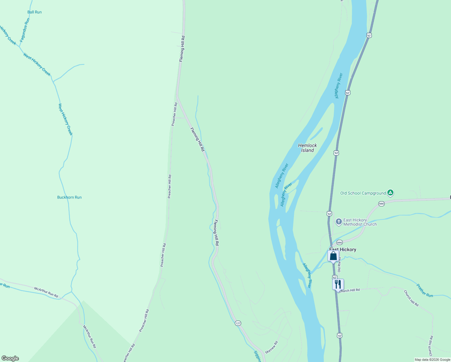 map of restaurants, bars, coffee shops, grocery stores, and more near 5657 Fleming Hill Road in Tidioute