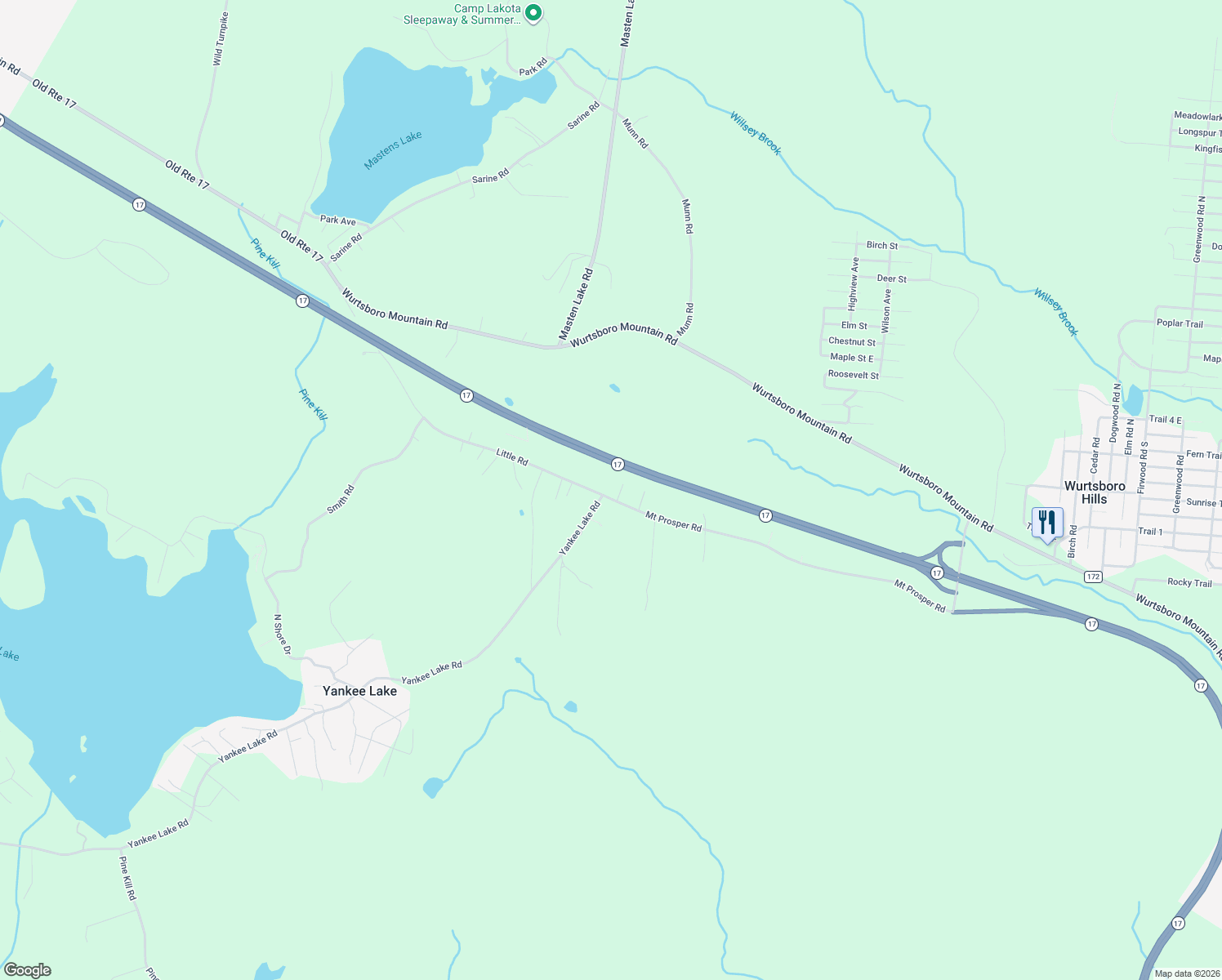 map of restaurants, bars, coffee shops, grocery stores, and more near New York 17 in Wurtsboro