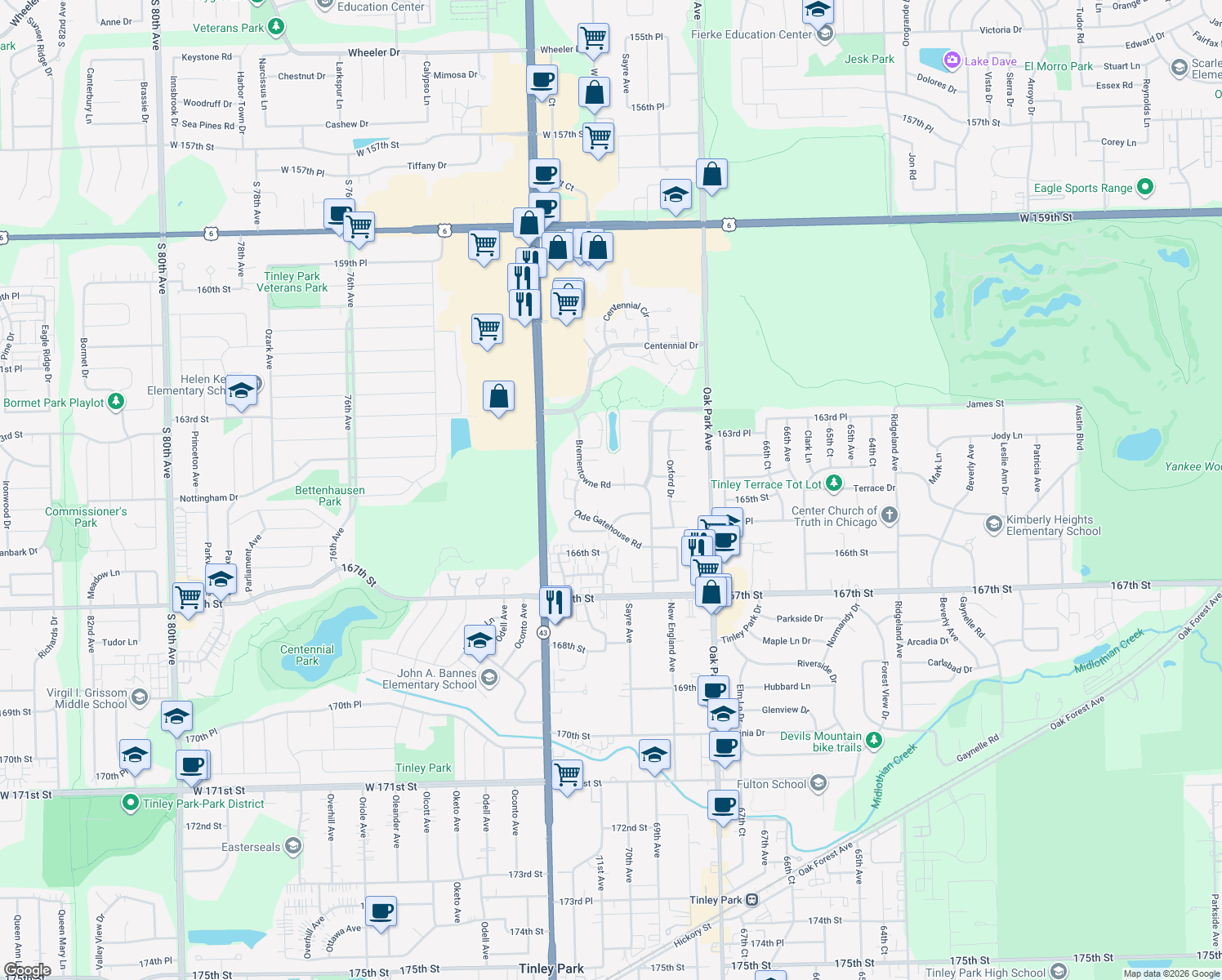 map of restaurants, bars, coffee shops, grocery stores, and more near 7025 Brementowne Road in Tinley Park