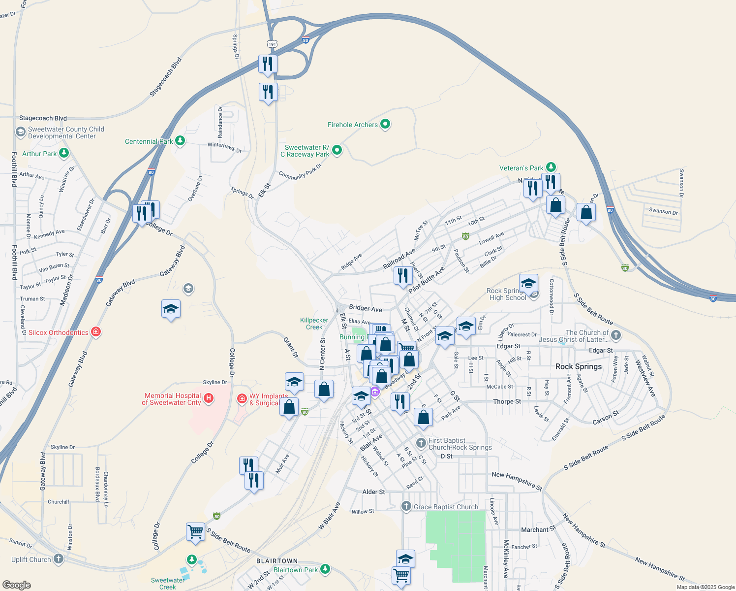 map of restaurants, bars, coffee shops, grocery stores, and more near 425 Tisdel St in Rock Springs