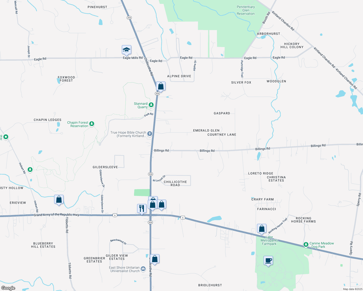 map of restaurants, bars, coffee shops, grocery stores, and more near 8345 Billings Road in Kirtland
