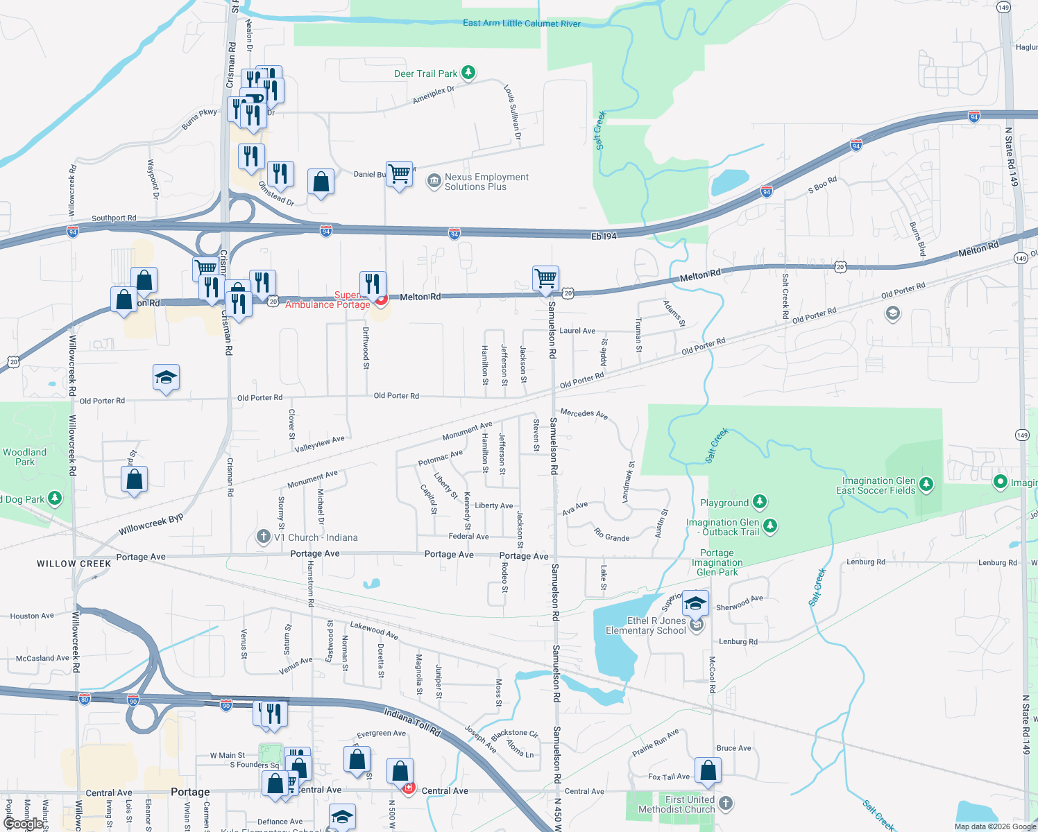 map of restaurants, bars, coffee shops, grocery stores, and more near 6762 Monument Ave in Portage