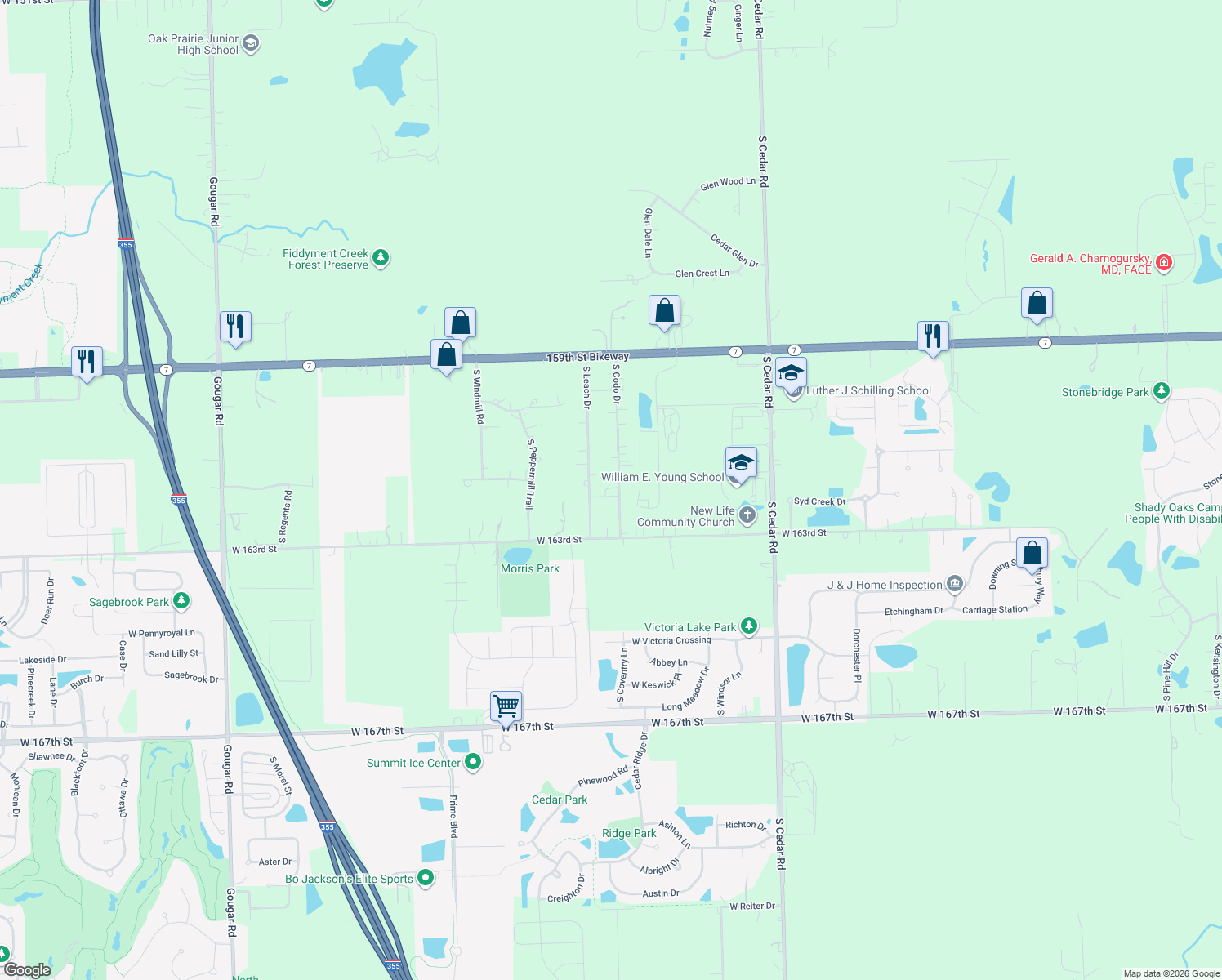 map of restaurants, bars, coffee shops, grocery stores, and more near 16164 South Codo Drive in Lockport