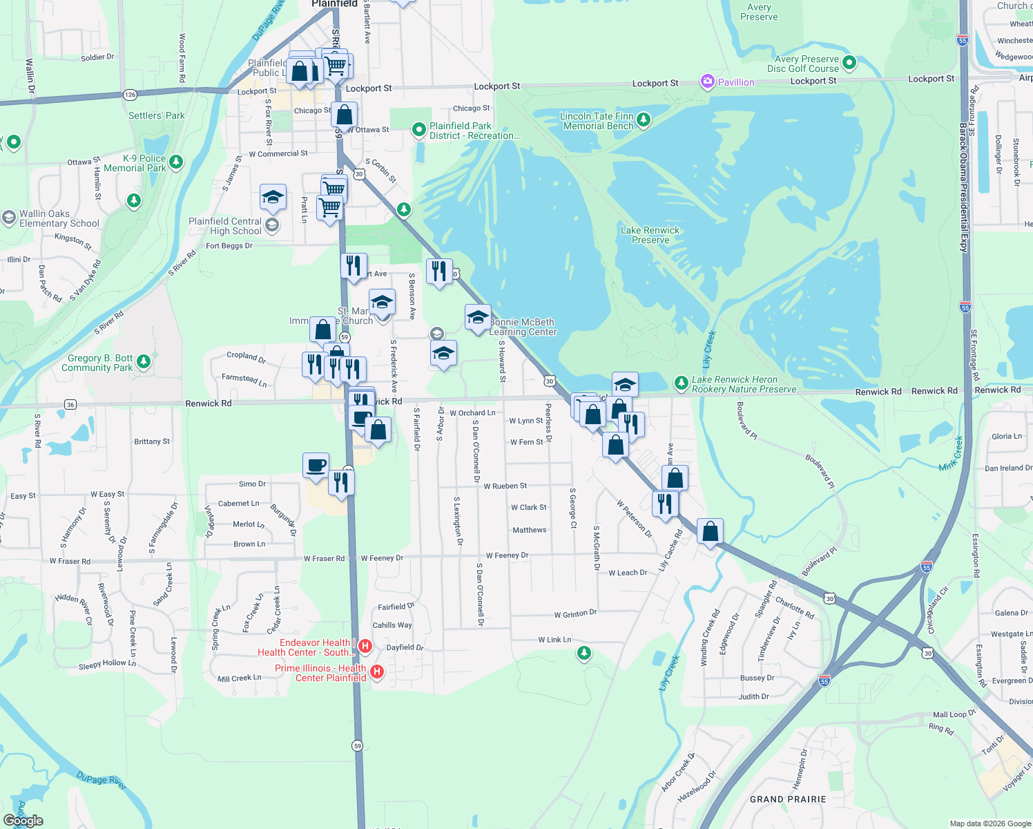 map of restaurants, bars, coffee shops, grocery stores, and more near 23548 West Lynn Street in Plainfield