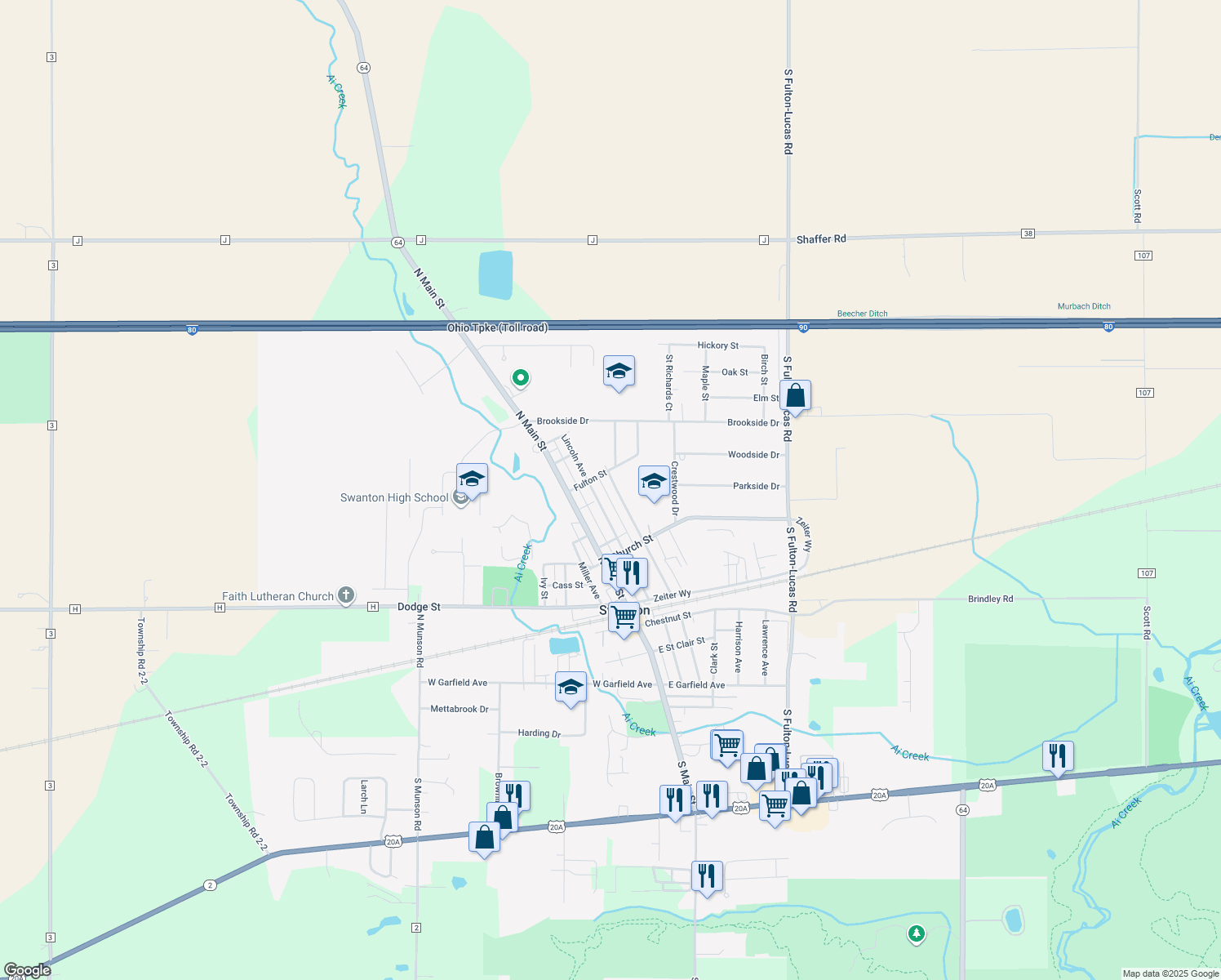 map of restaurants, bars, coffee shops, grocery stores, and more near 225 Woodland Ave in Swanton