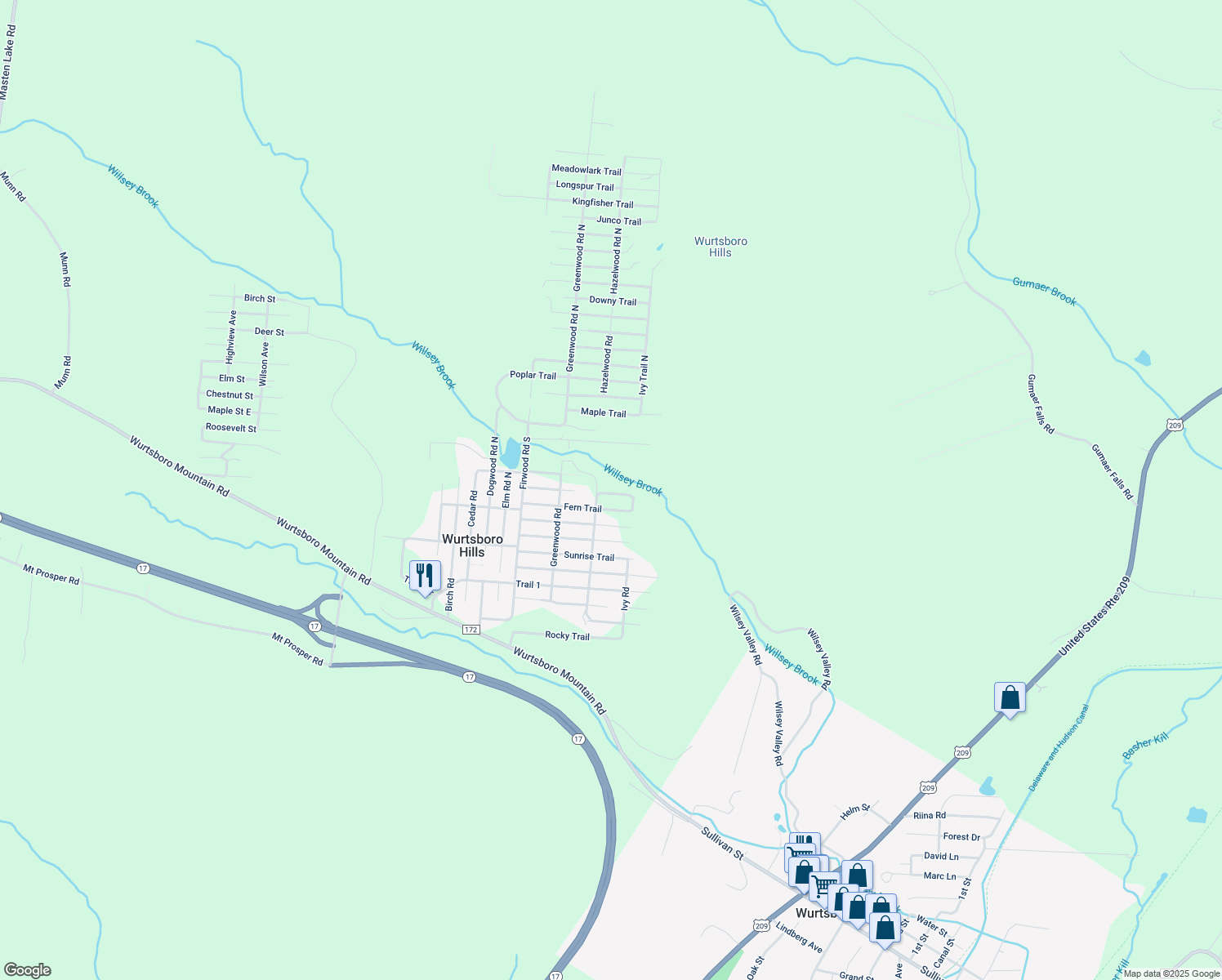 map of restaurants, bars, coffee shops, grocery stores, and more near 23 Brook Trail East in Wurtsboro